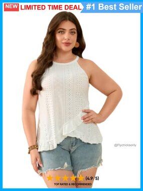 Plus Size Eyelet Embroidered Halter Neck Sleeveless Ruffle Hem Summer Cami Top